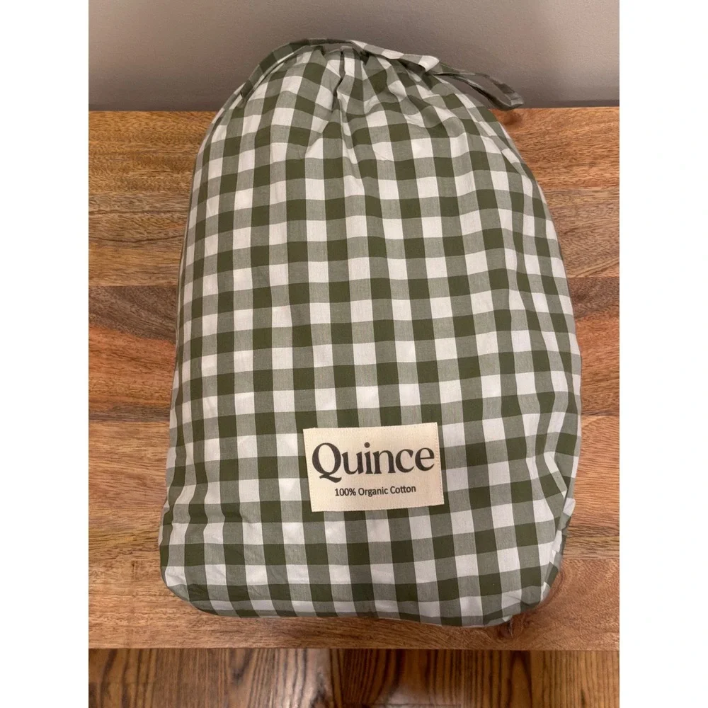 Quince Organic Cotton Gingham Duvet Cover Set Size Full Queen Olive Green NEW